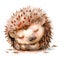 watercolor illustration clipart of a tiny hedgehog curled up into a spiky ball with adorable button eyes and a twitching nose