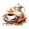 Watercolor Illustration Of Coffee, Coffee Beans, And Cinnamon Sticks