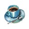 Watercolor illustration.Coffee Cup with saucer and spoon on a wooden table. coffee in a blue Cup.Isolated on a white background