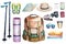 Watercolor illustration collection of elements for travel, tourism, hike. Backpack, walking sticks, sneakers, documents