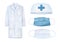 Watercolor illustration collection of medical uniform objects: doctor coat, cap, cross symbol, blue and white face masks.