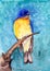 Watercolor illustration of a colorful bird with a yellow belly and blue head