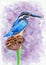 Watercolor illustration of a colorful turquoise kingfisher sitting on a lotus seed pod