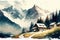 Watercolor illustration of a cottage in the famous beautiful Swiss Alps