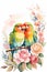 watercolor illustration couple of lovebirds on a branch with floral