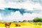 Watercolor illustration of cows grazing in a meadow