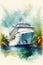 Watercolor illustration of cruise ship arriving at Caribbean beach.