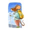 Watercolor illustration. Cute animal like humans. Humanized animal. Mouse pants and jacket standing on a mountain with a backpack