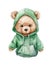 Watercolor illustration of a cute baby bear wearing a green hoodie.
