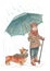 Watercolor illustration. A cute baby boy is standing under an umbrella, next to a dog. It's raining, autumn