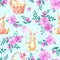 Watercolor illustration with cute bunnies and pink blooming roses flowers on blue background.