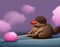 Watercolor illustration of cute cartoon platypus eating cotton candy, AI Generated