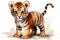 watercolor illustration of cute cartoon playful tiger cub on white background