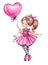 Watercolor illustration, cute girl in pink dress holding pink balloon, little coquette, Valentine`s Day greeting card, child