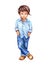 Watercolor illustration, cute little boy in blue jeans, schoolboy, teenager, isolated on white background