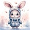 watercolor illustration of a cute little bunny winter theme, snowflakes around, white background