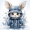 watercolor illustration of a cute little bunny winter theme, snowflakes around, white background