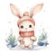 watercolor illustration of a cute little bunny winter theme, snowflakes around, white background