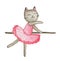 Watercolor illustration of cute little kitten dancing ballet dance.