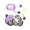 Watercolor illustration of a cute panda sleeping in purple shorts with white peas