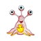 Watercolor illustration of a cute pink alien with three eyes and tentacles instead of arms and legs and a yellow belly.