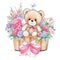 Watercolor illustration cute teddy bear in basket, decorated sweet flowers, pink violet tones