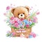 Watercolor illustration cute teddy bears in basket, decorated sweet flowers, roses, pink tone