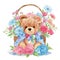 Watercolor illustration cute teddy bears in basket with handle, decorated sweet flowers, roses
