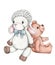 Watercolor illustration of cute toy sheep and teddy bear