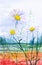 Watercolor illustration of daisies close up and forest in the background