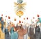 Watercolor illustration Descent of the Holy Spirit on the Apostles, Holy Trinity Day, Pentecost, whitsunday. Praying men and women