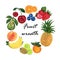Watercolor illustration of different organic fresh fruit foods smoothies peach, kiwi, cherries, pear, pineapple, peach, orange,