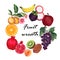 Watercolor illustration of different organic fresh fruit foods smoothies peach, kiwi, grape, apple, mangosteen, peach, orange,