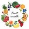 Watercolor illustration of different organic fresh fruit foods smoothies peach, plum, watermelon, pineapple, prune, berries ,