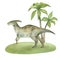Watercolor illustration of a dinosaur parasaurolophus on green grass with palm trees, watercolor texture, handmade