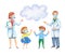 Watercolor illustration Doctors in mask tell children Cartoon doctors with happy little children, a boy and a girl.