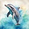 Watercolor illustration of a dolphin, leaping, playing and breathing on the ocean.