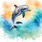 Watercolor illustration of a dolphin, leaping, playing and breathing on the ocean.