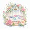 Watercolor illustration dreamy sweet romantic bedroom, with full of beautiful flowers