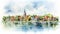 Watercolor Illustration Of Dutch City In Town Over The Water