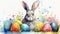 Watercolor illustration of Easter bunny with many colorful brightly painted eggs. Festive Rabbit. For greeting card