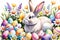 watercolor illustration of Easter bunny nestled among blooming flowers, surrounded by a scattered array of colorful eggs