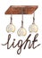 watercolor illustration Edison lamps, loft style lamp round glass on rope, on a wooden board with the inscription light