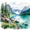 Watercolor Illustration Of Emerald Lake In The Mountains