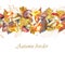 Watercolor illustration. Endless border, strip. Mushrooms and leaves on a white background. Autumn motif