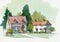 Watercolor illustration of English cottage