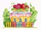 Watercolor illustration. A fairy-tale house in the form of a sweet cupcake decorated with berries