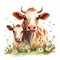 Watercolor illustration of a family of cows, mother cow and calf on a white background.