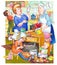 Watercolor illustration. Family in kitchen preparing meal