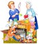 Watercolor illustration. Family in kitchen preparing meal